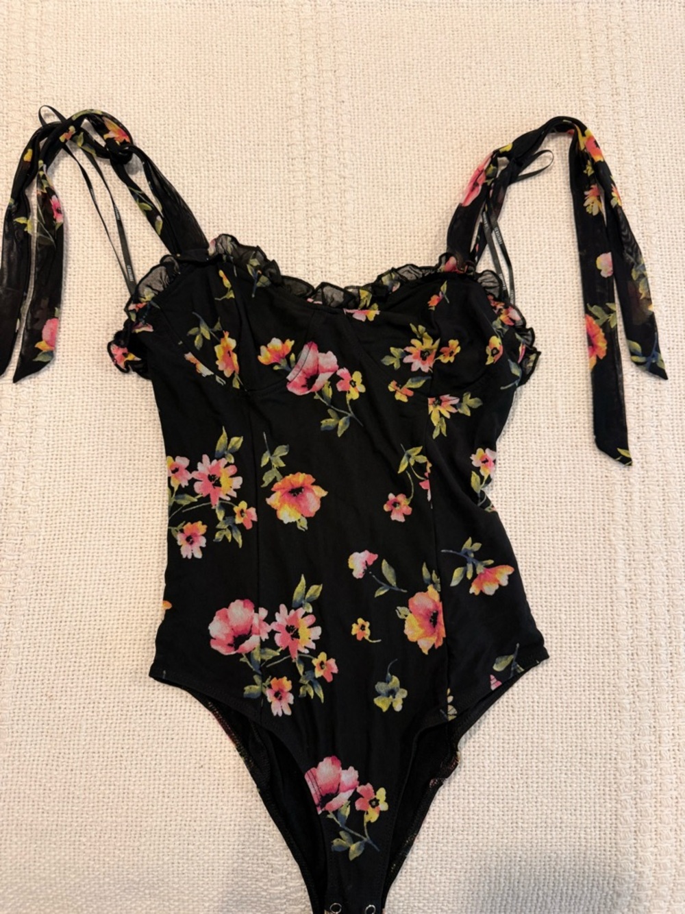 Forever 21 Black Floral Tie-Strap Bodysuit
